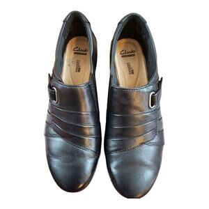 Clarks collection Everlay Luna womens sz 8 black leather comfort shoe strap